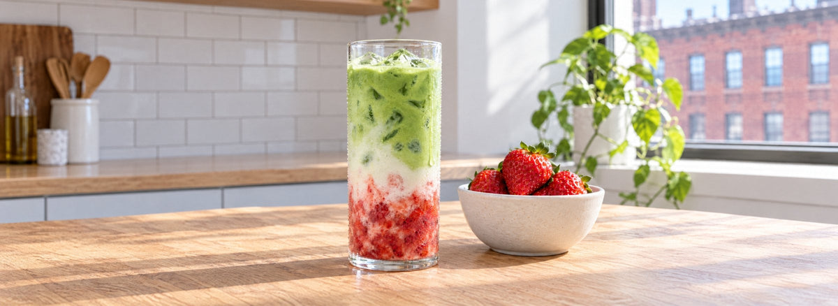 A tall glass of iced strawberry matcha latte on a sunny kitchen counter, red mashed strawberries at the bottom and green matcha latte over ice on top, next to a bowl of strawberries.