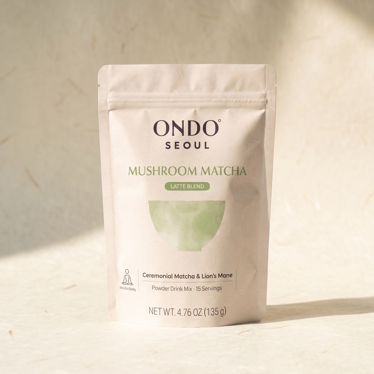 Focus Mushroom Matcha (Latte Blend) pouch, front view, on ivory hanji paper.