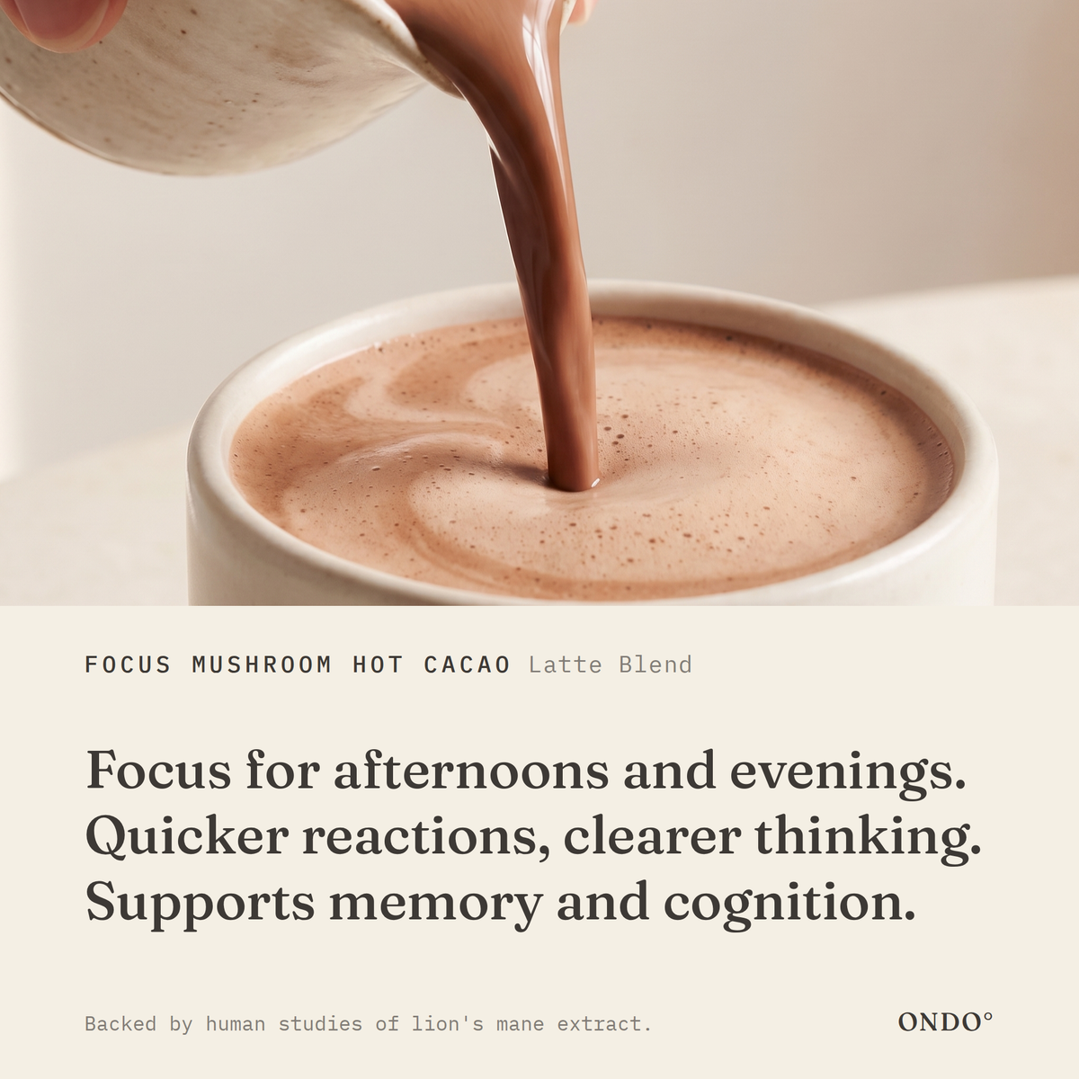 Focus Mushroom Hot Cacao (Latte Blend) benefits: Focus for afternoons and evenings. Quicker reactions, clearer thinking. Supports memory and cognition.
