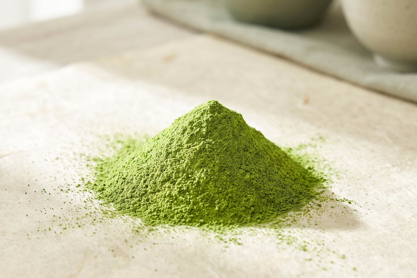 A mound of bright green matcha powder on handmade paper