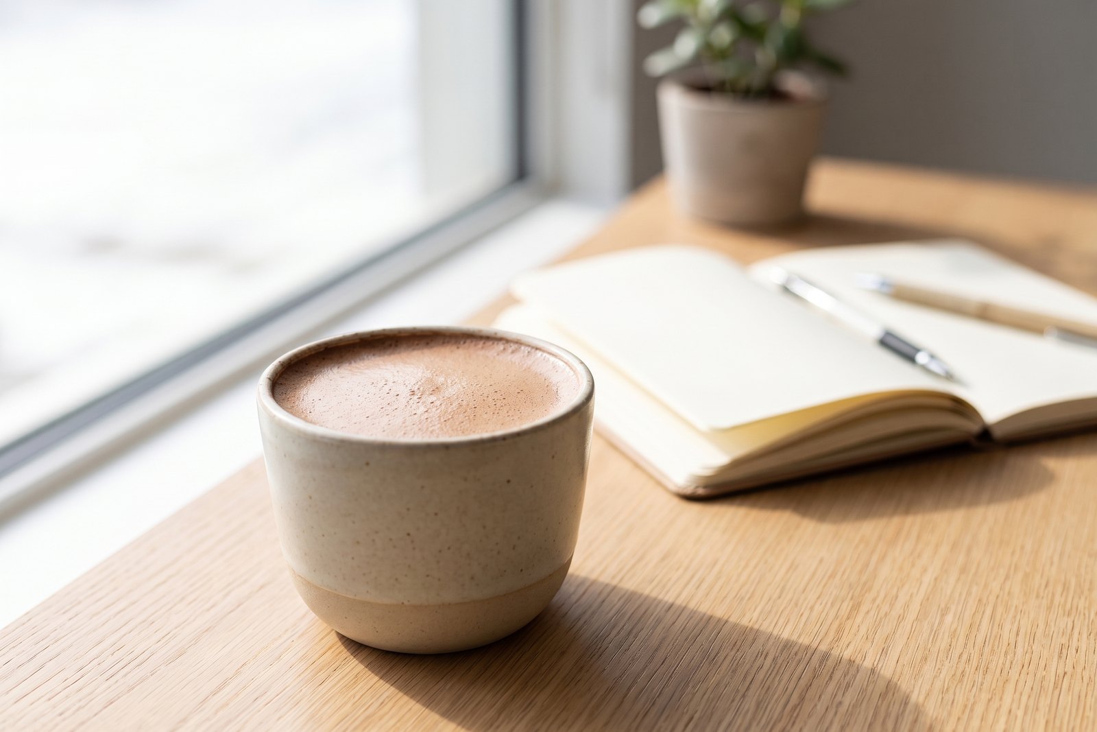 A cup of hot cacao latte on a sunny desk beside an open notebook