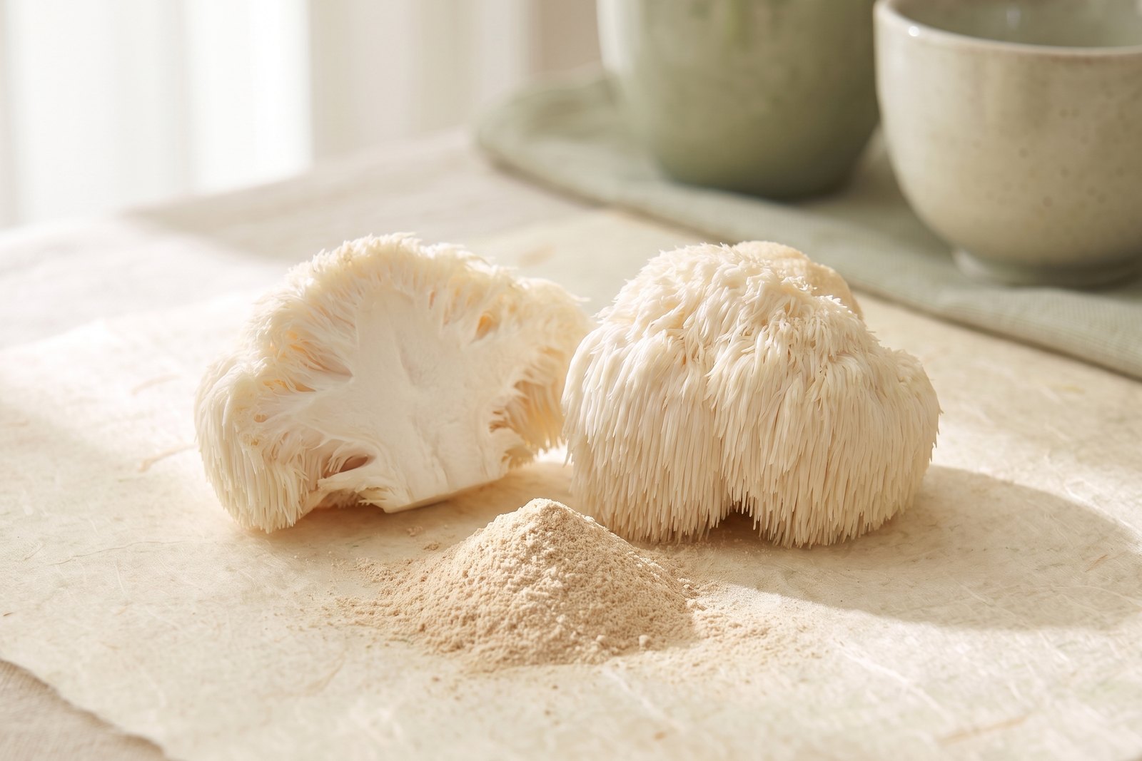 A lion's mane mushroom cut in half beside a whole one and a mound of pale extract powder