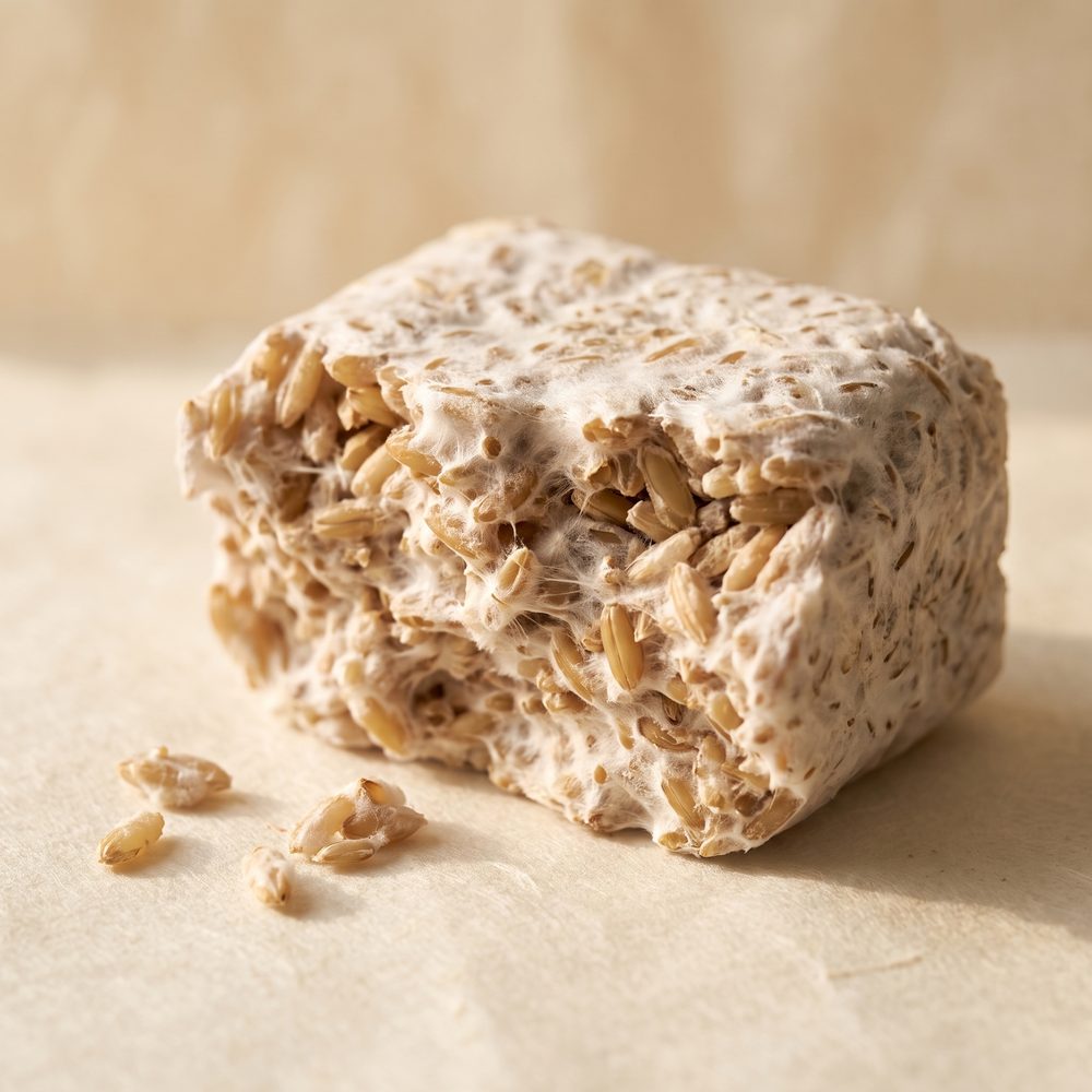 Grain bound together by white mushroom mycelium