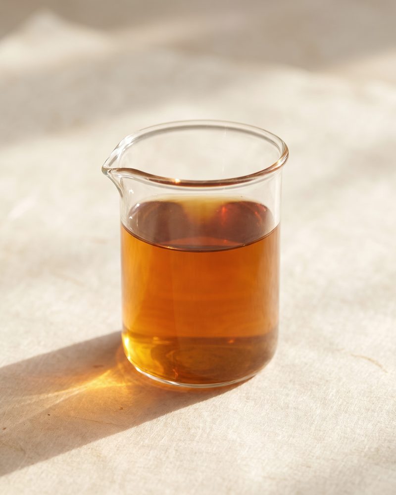 A glass beaker of amber mushroom extract