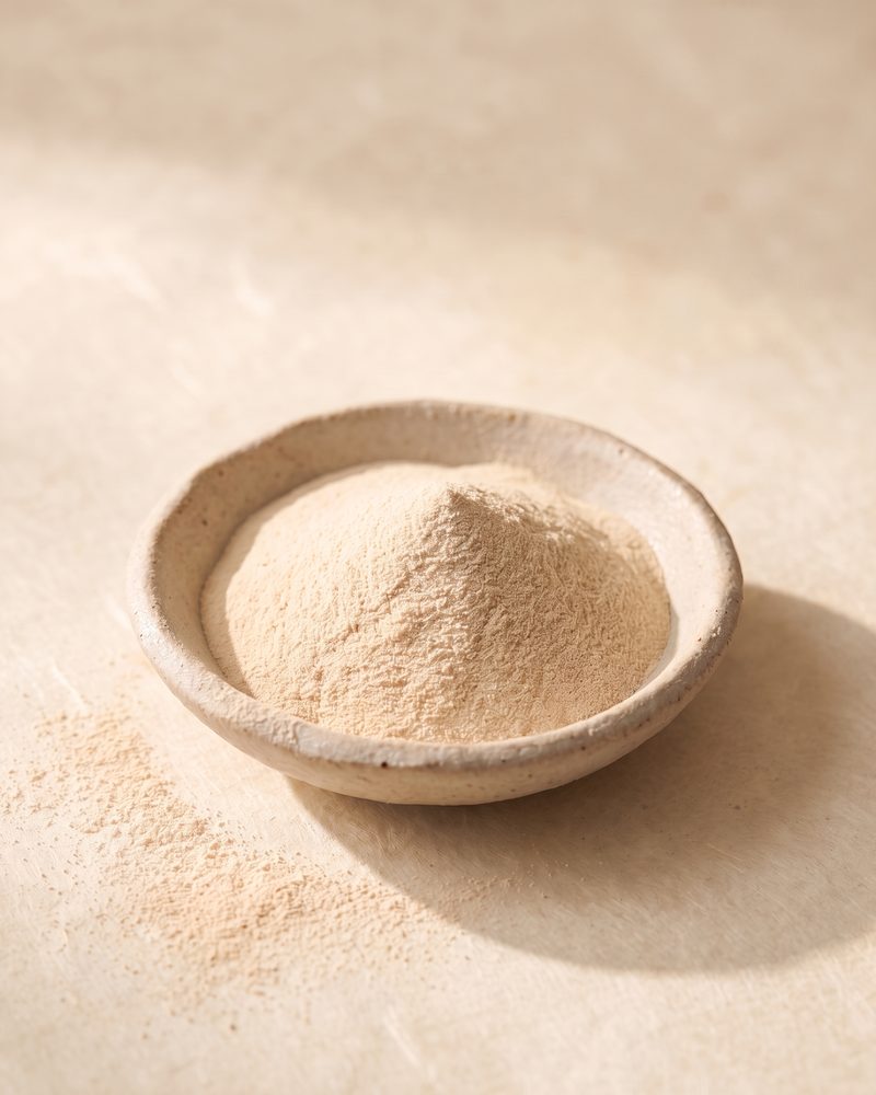 A ceramic dish of fine pale extract powder