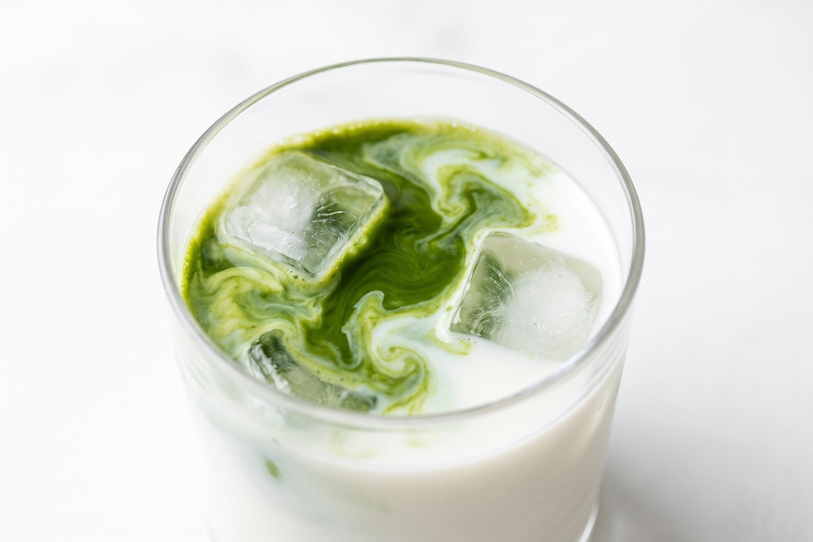 Bright green matcha swirling into cold milk over ice
