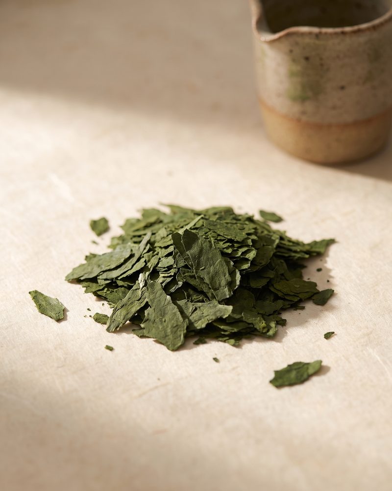 Flat dried tea leaf flakes on paper