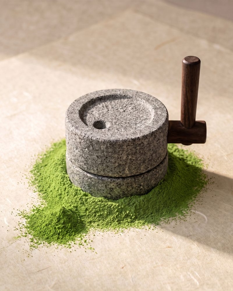 A granite stone mill with green matcha powder around it