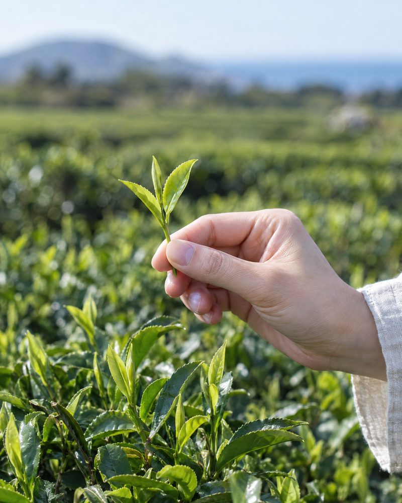 A hand picking a tea bud with two young leaves