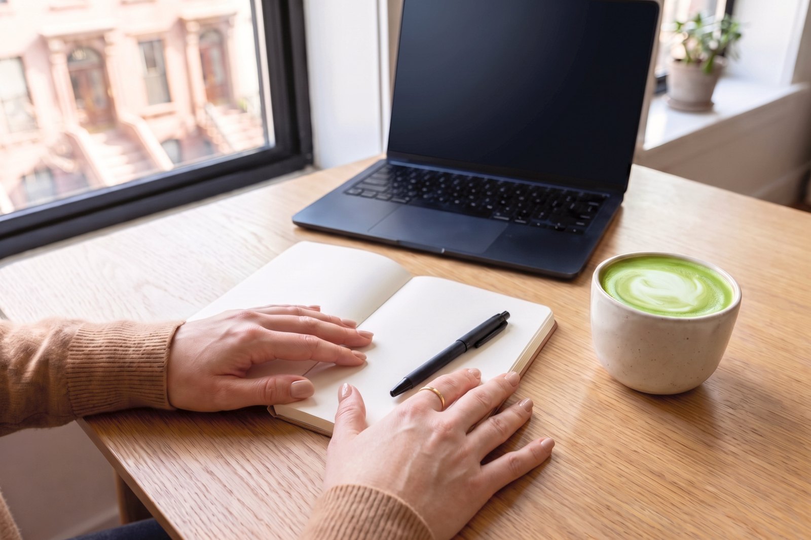 Hands resting on an open notebook at a sunny desk beside a laptop and a matcha latte