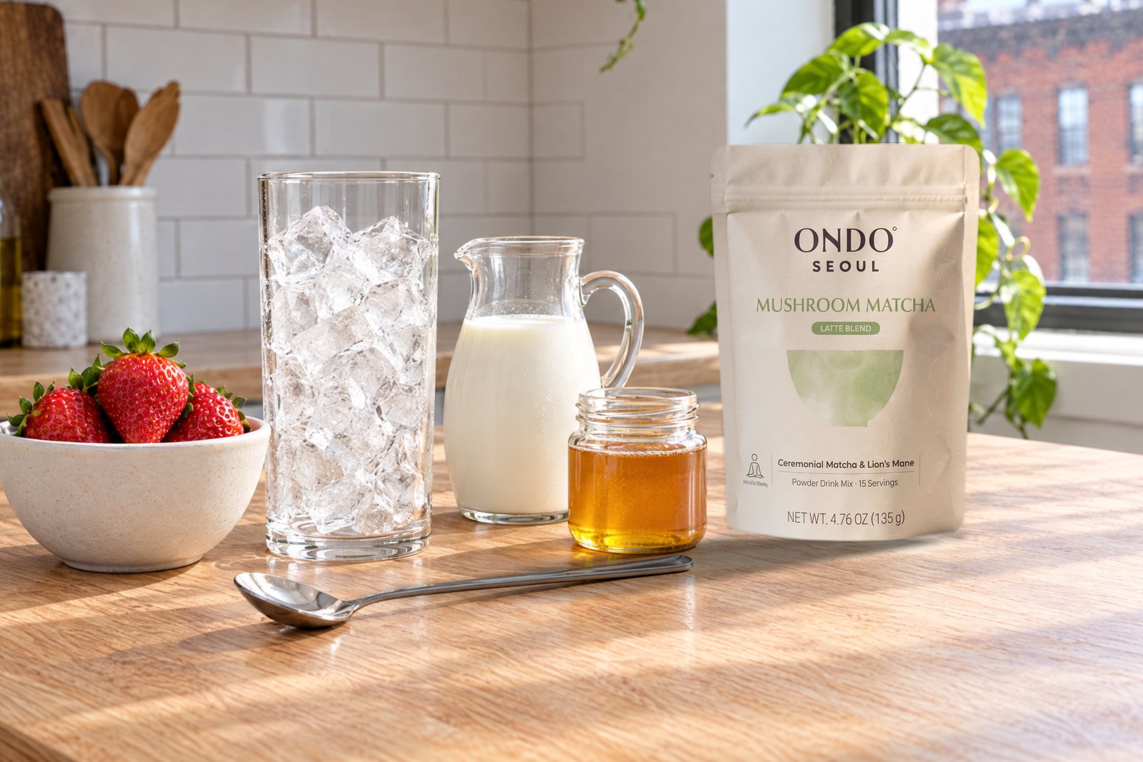 A bowl of strawberries, a glass of ice, a small pitcher of milk, a jar of honey, a spoon and a pouch of ONDO° SEOUL Mushroom Matcha Latte Blend on a kitchen counter.
